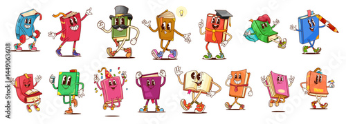 Groovy textbook and bestseller book characters, vector school library and kids education. Cartoon psychedelic books with happy smiling faces. Groovy textbooks with idea light bulb, graduation hats