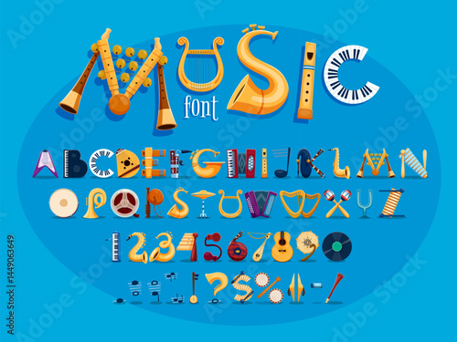 Musical instruments font, orchestra typeface, sound festival type. English alphabet vector typography set of music instrument letters and numbers. Cartoon piano, guitar, drum and saxophone abc font