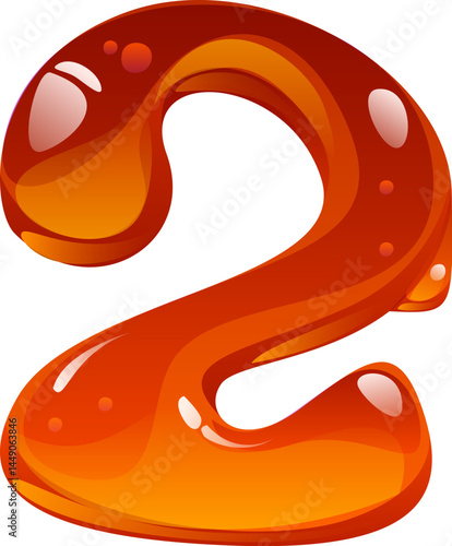 Sweet honey cartoon font digit 2 two. Yellow caramel cartoon alphabet font numeral symbol, mathematics vector typeface figure. Sweet honey ABC type number or liquid amber flow math typeface digit