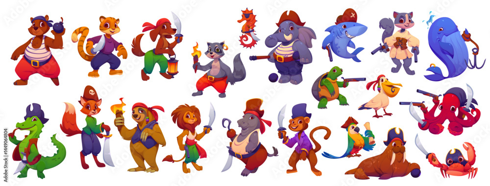 Obraz premium Cartoon funny animal pirate corsair characters. Bear, dog and raccoon, elephant or shark. Squirrel, whale, turtle or crocodile, fox, parrot and pelican. Octopus, sloth and lion, hippo or monkey, crab