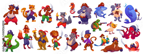 Cartoon funny animal pirate corsair characters. Bear, dog and raccoon, elephant or shark. Squirrel, whale, turtle or crocodile, fox, parrot and pelican. Octopus, sloth and lion, hippo or monkey, crab