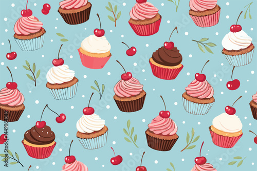 Stylish close-up shot of modernly decorated cupcakes featuring fresh cherries and frosting swirls; vibrant, appealing food photography.