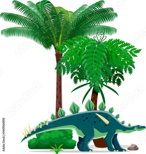 Lexovisaurus prehistoric dinosaur character. Isolated cartoon vector dino with row of plates along its back and spiked tail, stands near lush tropical vegetation. Herbivore of Middle Jurassic period