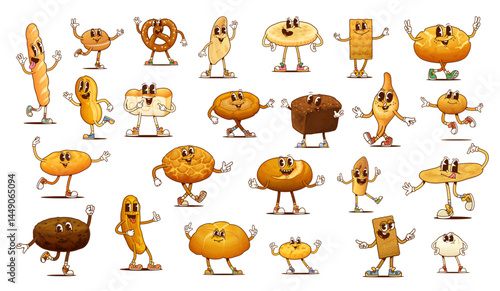 Bread and bakery groovy characters, vector food personages. Cartoon retro psychedelic loaves of baguette, burger bun, wheat pretzel and whole cereal flatbread. Groovy tiger bread, tortilla and shoti