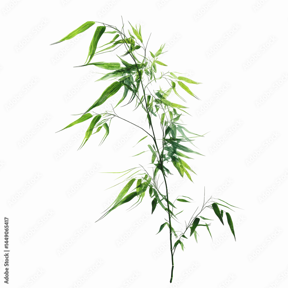Fototapeta premium Lush Green Bamboo Branch with Dew Drops - Isolated on Black Transparent background