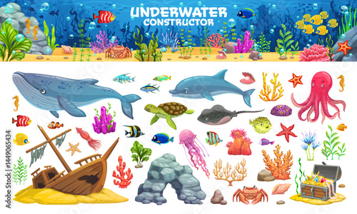 Underwater sea landscape constructor with cartoon sea animals, fish and plants, vector game UI assets kit. Underwater ocean landscape with sunken ship, dolphin and whale, treasure chest and corals