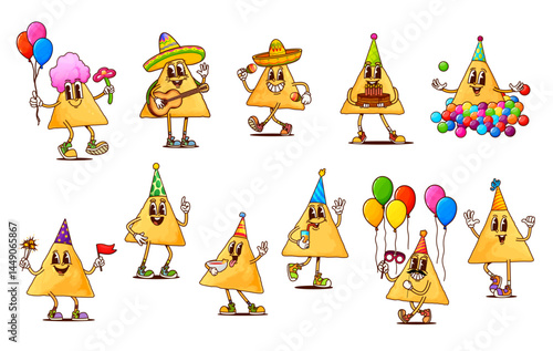 Groovy mexican nachos chips characters at party, vector snack food of Mexico cuisine. Cartoon retro corn tortilla nacho personages having fun with birthday cake, balloons, sombrero, guitar and maracas