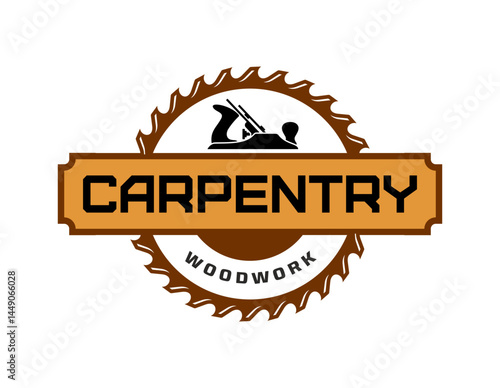 Carpentry and woodwork emblem saw blade with jointer plane, vector icon. Carpenter service and woodcraft handyman workshop, woodwork or DIY construction and repair service symbol of saw and jointer
