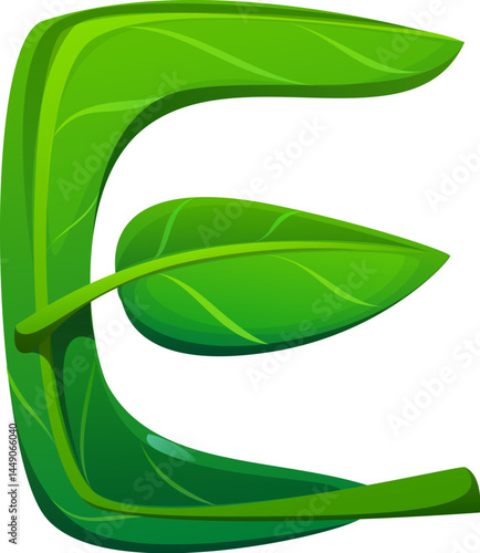 Plant green leaf font letter E. Environment clean ecology English alphabet typeface element, nature plant cartoon isolated vector kids ABC type symbol. Green leaf latin font sign or typeset letter