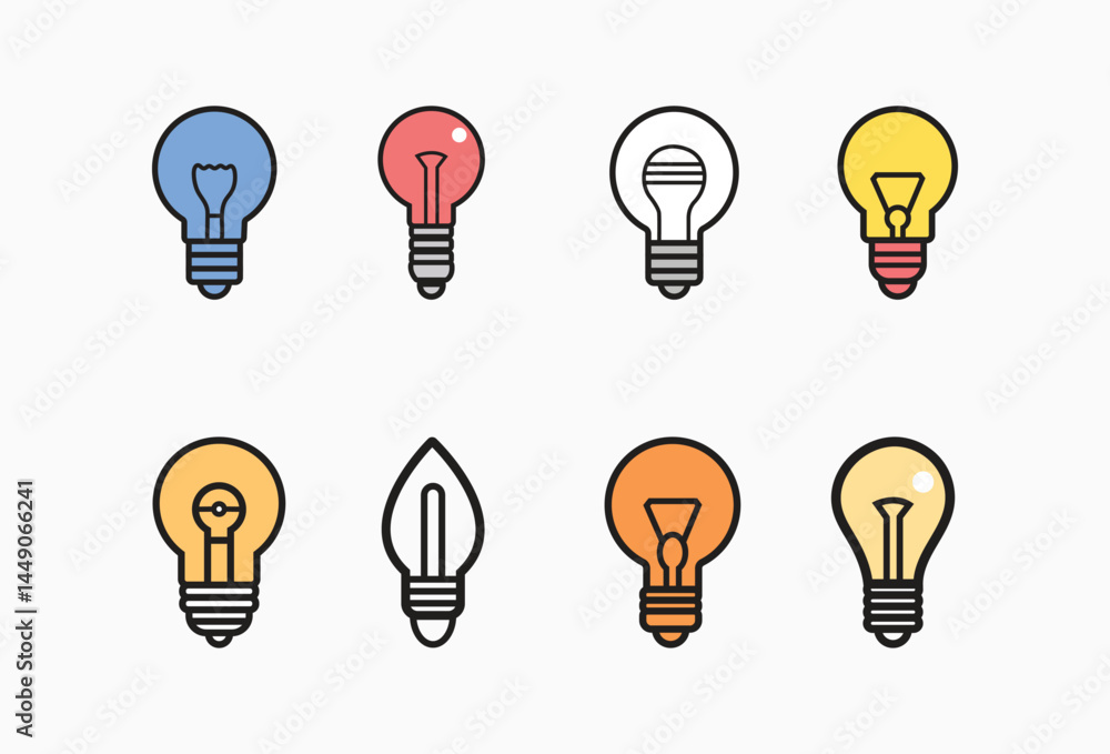 Colorful Light Bulbs Set Icons, Various Styles on Transparent Background Colorful Light Bulbs Set Icons, Various Styles on Transparent Background