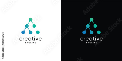 Initial letter A Innovate technology startup with abstract dot, molecule and network internet system graphic  illustration. symbol, icon, creative  vector logo design 
