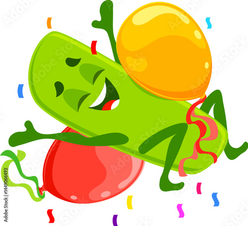 Cartoon math division sign character birthday holiday celebration. Isolated vector cheerful personage with colorful balloons and confetti expresses excitement and joy symbolizing fun learning for kids