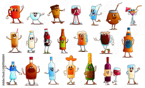 Drink and beverage groovy characters. Cartoon retro glasses, cups and bottles vector personages of water, coffee, tea, soda and cocktail. Psychedelic wine, beer and milk, groovy whiskey and champagne