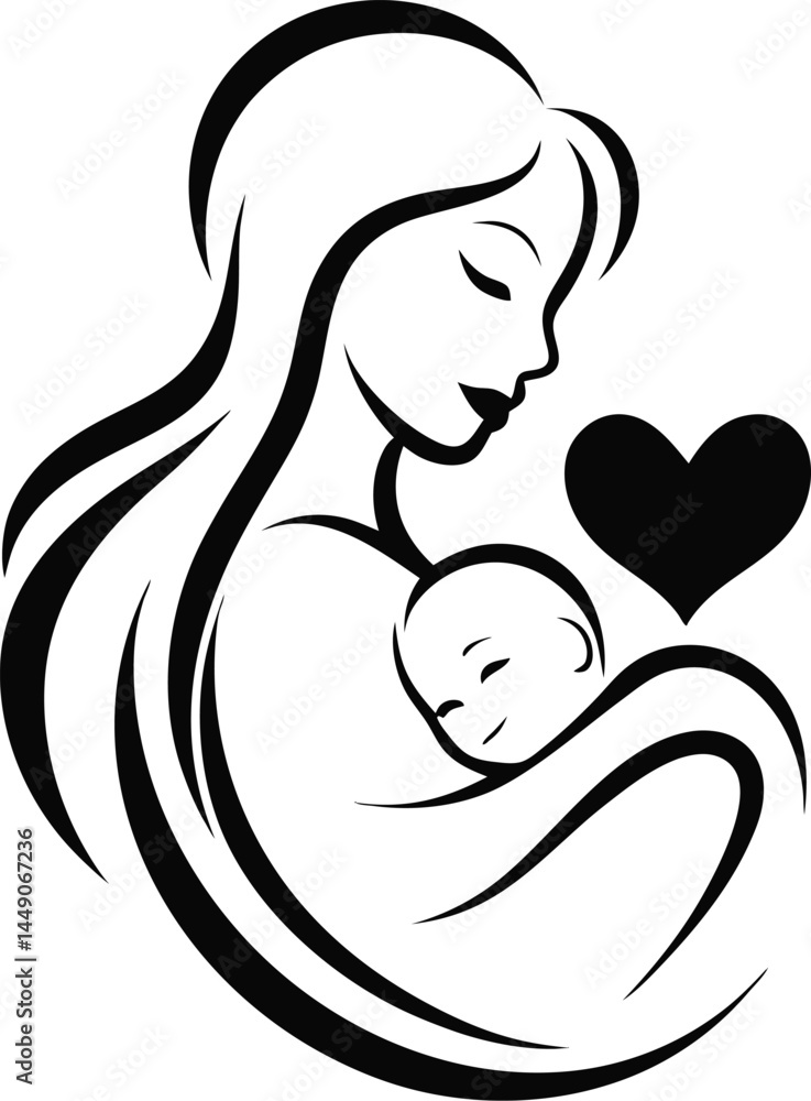 Graceful Mother and Baby Line Art Embrace with Heart. Graceful Mother and Baby Line Art Embrace with Heart.
