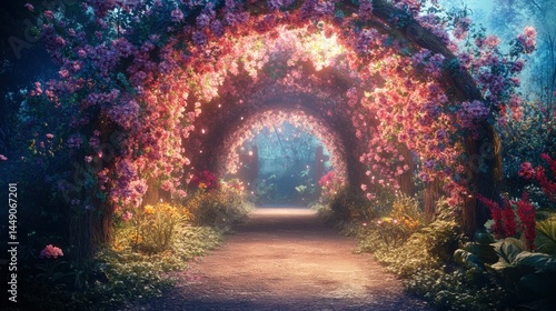 A serene and enchanting pathway lined with vibrant, blooming flowers arches overhead, creating a picturesque scene filled with soft, warm light. The ground is a well-trodden dirt path that leads into 