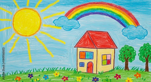 Sunny day home scene crayon drawing