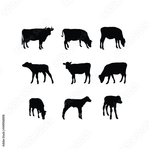 Bull and cow silhouettes with baby calf