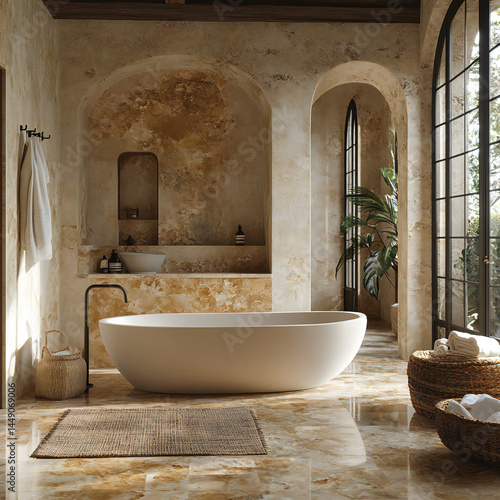 Elegant bathroom with a freestanding tub and natural stone tiles