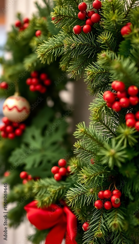 green wreath with red berries and a red bow green wreath with red berries and a red bow