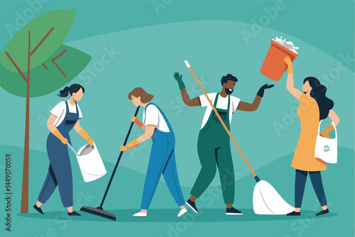 Design a vibrant poster promoting a community cleaning day, featuring diverse vector illustrations of people actively participating in cleanup efforts.