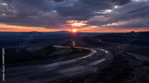 Dramatic Sunset over Winding Road in a Coal Mine
