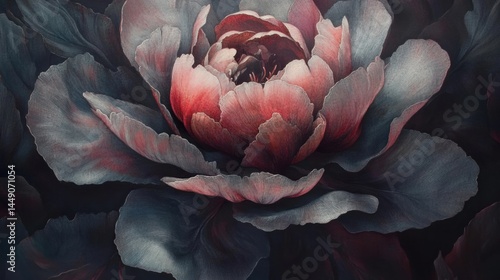 A beautifully detailed illustration of a blossoming dark peony flower, showcasing shades of deep red and soft pink petals against a contrasting dark background. The intricate texture and layering of t
