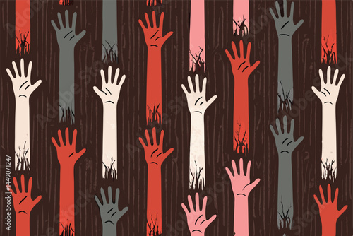 Design a repeating pattern featuring numerous pale, clawed hands emerging from darkness, creating a subtly unsettling and creepy aesthetic.