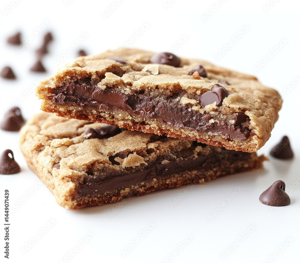 Two halves of a chocolate chip cookie sandwich, showcasing a rich chocolate filling Two halves of a chocolate chip cookie sandwich, showcasing a rich chocolate filling