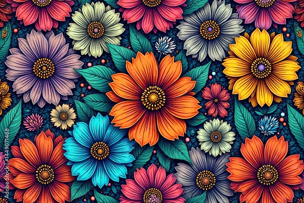 Intricate line art blossoms, densely packed, repeating tile, black, graphics Intricate line art blossoms, densely packed, repeating tile, black, graphics