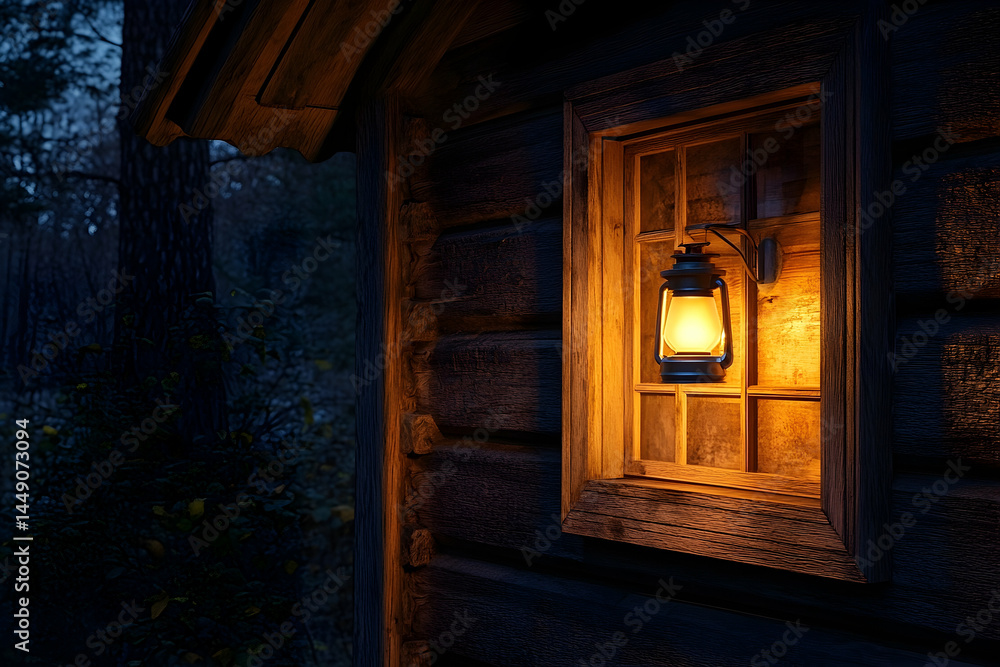 Illuminated wooden cabin window at twilight. Illuminated wooden cabin window at twilight.