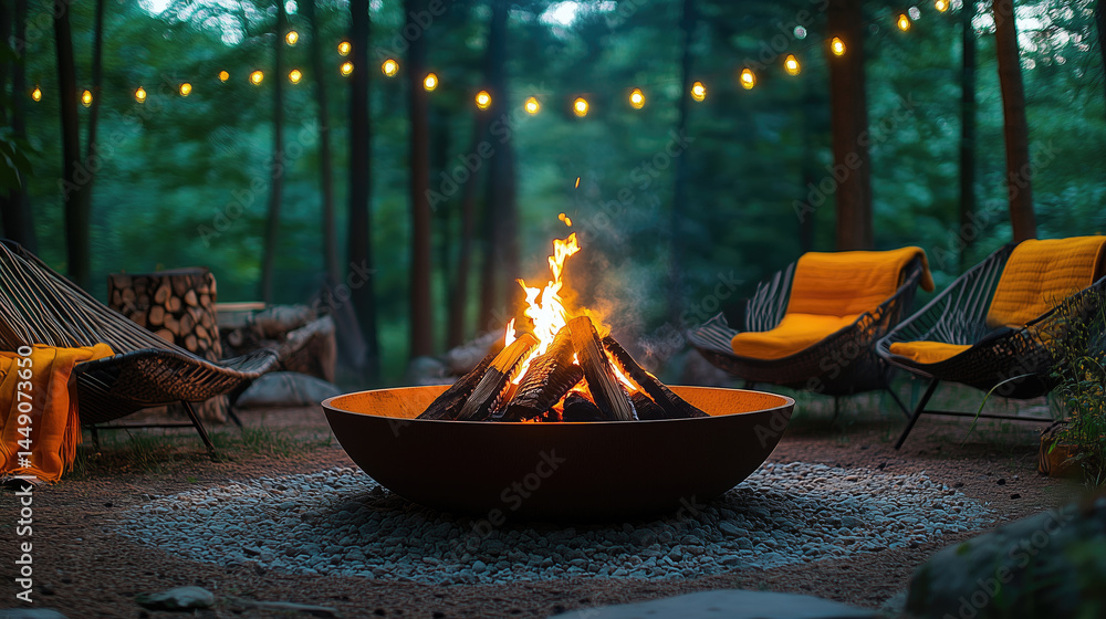 Obraz premium Cozy campfire in a forest setting with comfy chairs