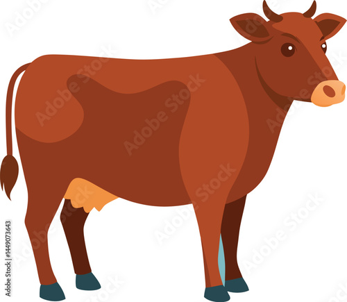 Realistic Brown Cow Illustration Standing Pose with Horns and Udder.