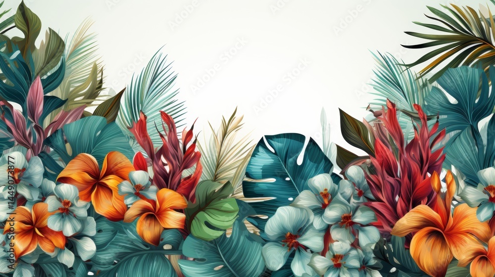 Obraz premium Vibrant Tropical Floral Border: High-Resolution Botanical Illustration