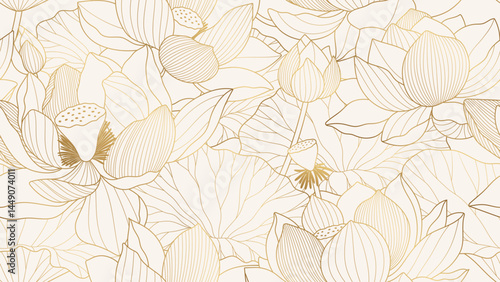 Chinese seamless pattern with lotuses. Gold line drawing of lotus flowers and leaves on a light background. Minimalist oriental vector design, perfect for luxury prints, patterns, or backgrounds.