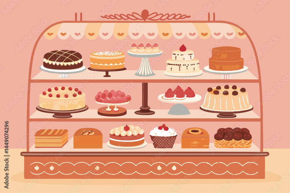 Create a seamless, modern vector pattern showcasing a stylish bakery shop display with cakes, bread, and pastries. Include realistic details and a clean aesthetic. Create a seamless, modern vector pattern showcasing a stylish bakery shop display with cakes, bread, and pastries. Include realistic details and a clean aesthetic.