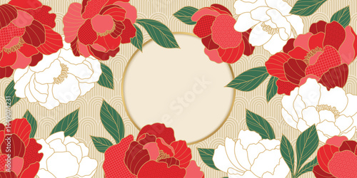 Chinese luxury poster with oriental peony flowers, leaves and circle frame. Asian vector background of gold lines art texture. Design illustration for wallpaper, card, poster, packaging, advertising