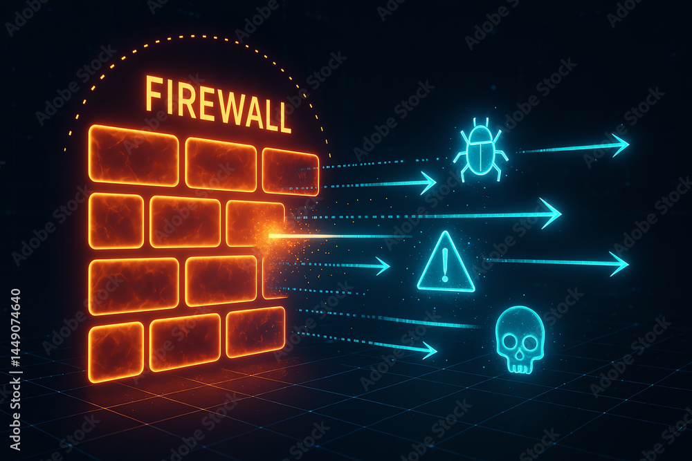 A vibrant digital illustration of a firewall blocking various cyber threats including bugs, warnings, and malware. Symbolizes strong security measures in modern technology.