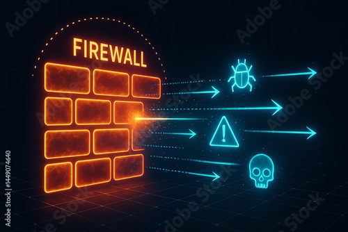 Obraz na płótnie A vibrant digital illustration of a firewall blocking various cyber threats including bugs, warnings, and malware. Symbolizes strong security measures in modern technology. w salonie