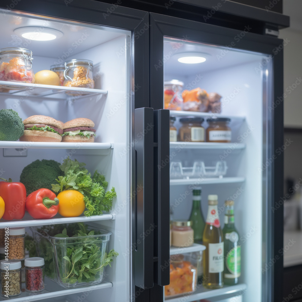 modern refrigerator filled with fresh vegetables, fruits, and various food items, showcasing healthy lifestyle and organization modern refrigerator filled with fresh vegetables, fruits, and various food items, showcasing healthy lifestyle and organization