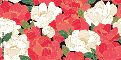 Chinese luxury seamless pattern with oriental peony flowers and leaves. Asian vector background of gold lines art texture. Design illustration for wallpaper, card, poster, packaging, advertising