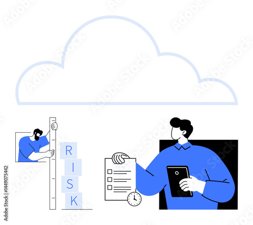 Cloud with team monitoring risk levels using blocks, checklist, clock, and tablet. Ideal for cloud computing, risk management, teamwork, business planning, organization analytics simple landing
