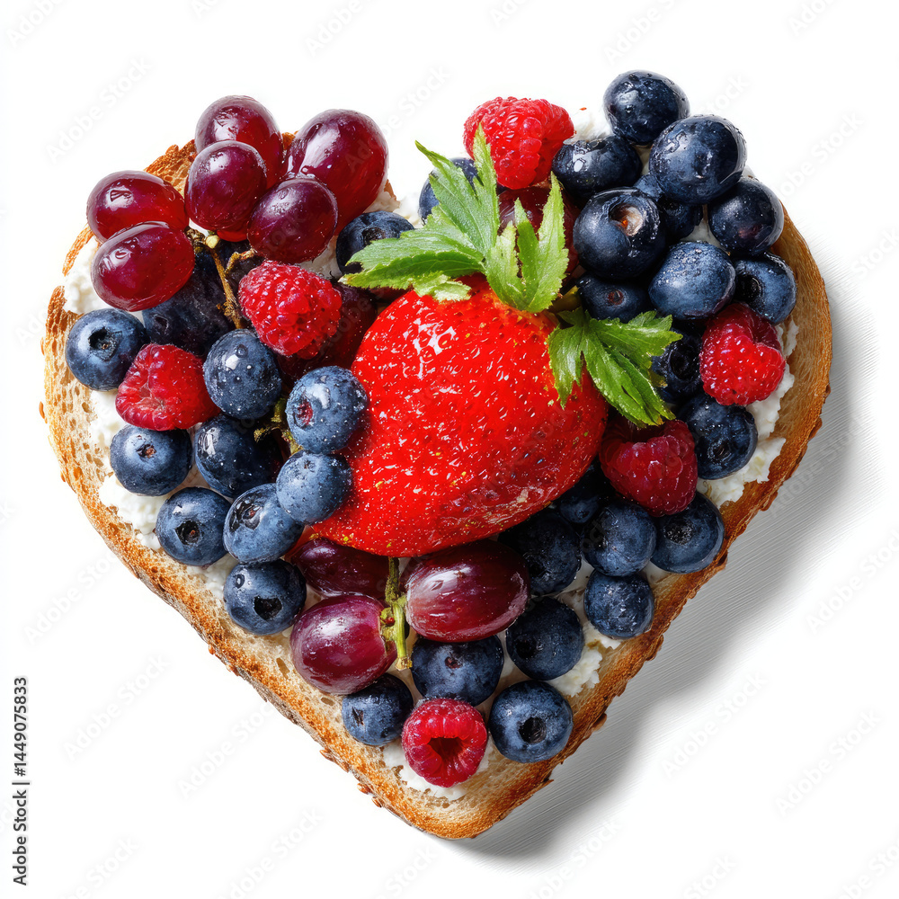 Obraz premium Heart-shaped toast topped with colorful berries and grapes