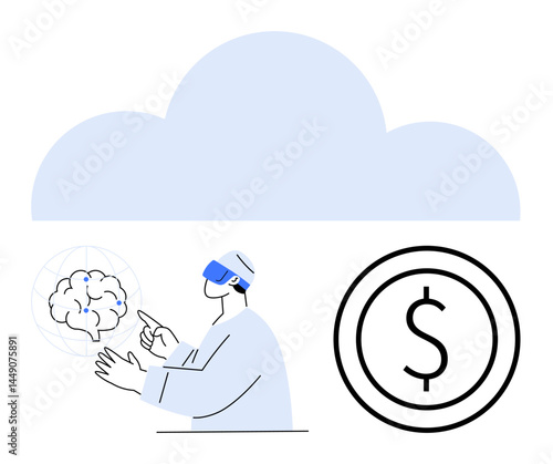 AI scientist interacts with neural network model, dollar currency icon, and cloud. Ideal for technology innovation, AI, cloud computing, data analytics, future tech, finance simple landing page