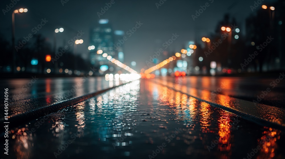 Fototapeta premium Urban nocturnal landscape with light reflecting on wet pavement after rain