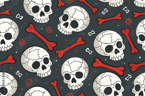 Create a seamless pattern featuring intricately detailed skulls and crossbones, with a distressed, cracked texture effect, in dark gothic style.