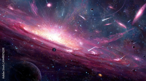 A breathtaking cosmic scene depicting a vibrant galaxy bursting with colors and energy, featuring swirling pink and purple nebulae, numerous stars, and distant planets. The vivid display of celestial 