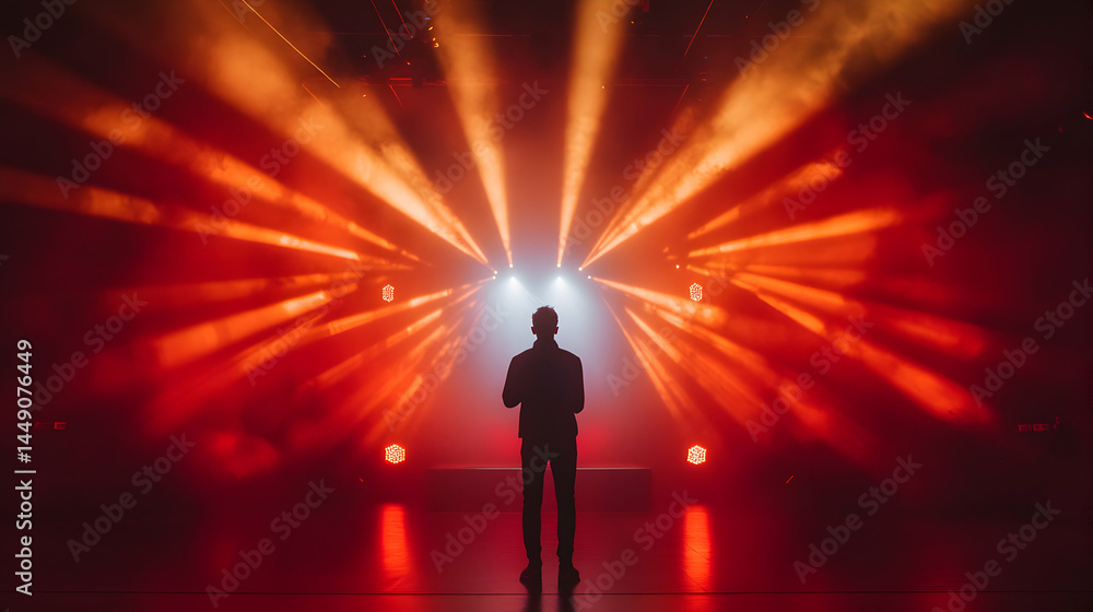 Silhouette of a person standing before a bright red and orange light display. Silhouette of a person standing before a bright red and orange light display.