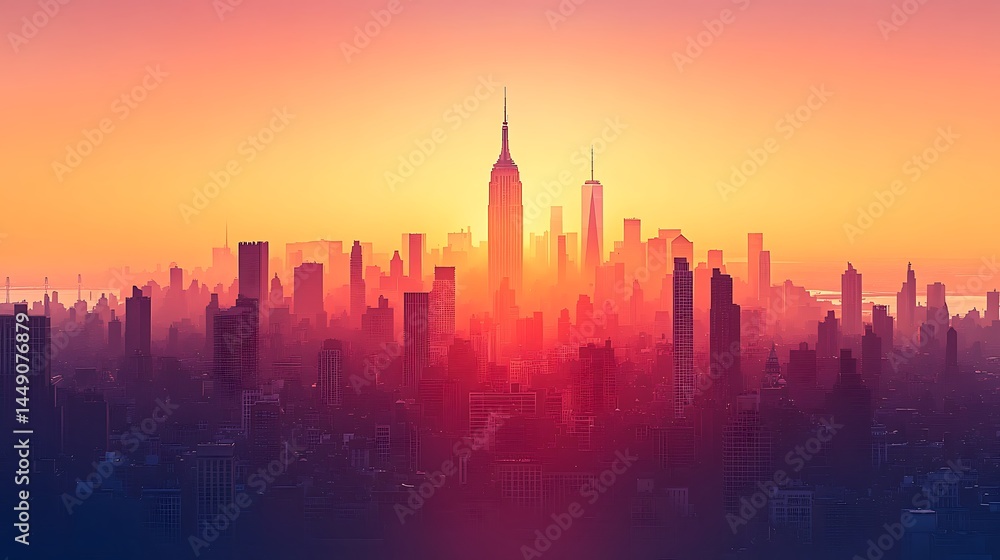 Fototapeta premium Manhattan skyline at sunset colorful panorama