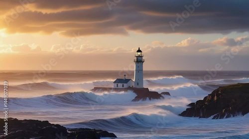 Lighthouse in misty landscape. Perfect for atmospheric travel blogs, serene scenery, coastal themes. Foggy shore view.
