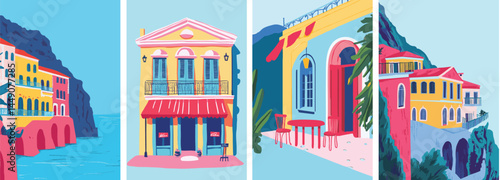 Beautiful summer european travel destination. Hand drawn style of south france or Italy coastline